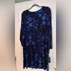 NWT Tommy Hilfiger Black/Blue Floral Dress, Bell Sleeve, Tie Cuffs XL